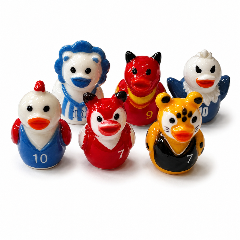Set of 6, Animal Mascot Soccer Themed Mini Resin Ducks, Magnetic or Non-Magnetic, Optional Personalized Duck Hiding Tags