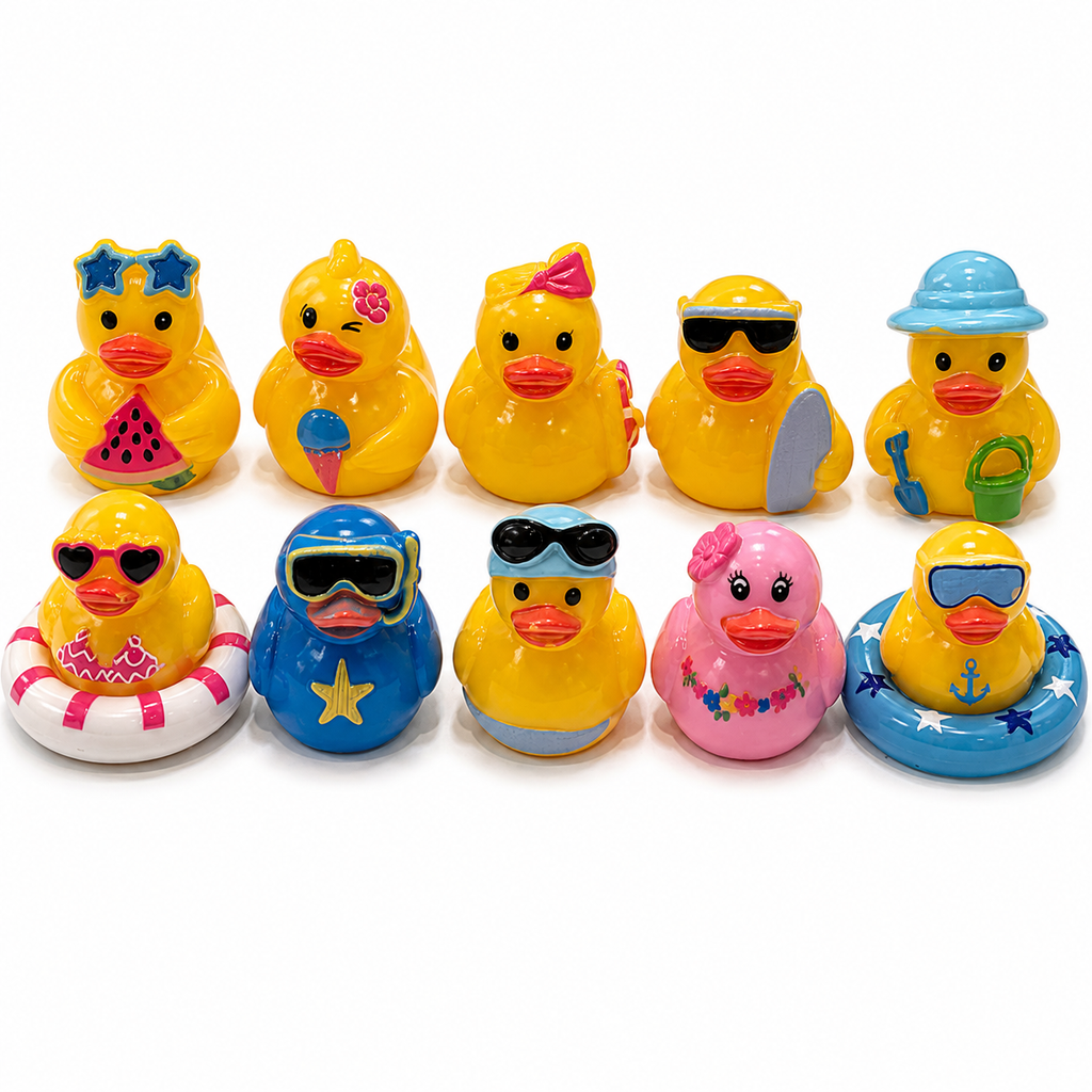 Set of 10, Beach Summer Vacation Themed Mini Resin Ducks, Magnetic or Non-Magnetic, Optional Personalized Duck Hiding Tags