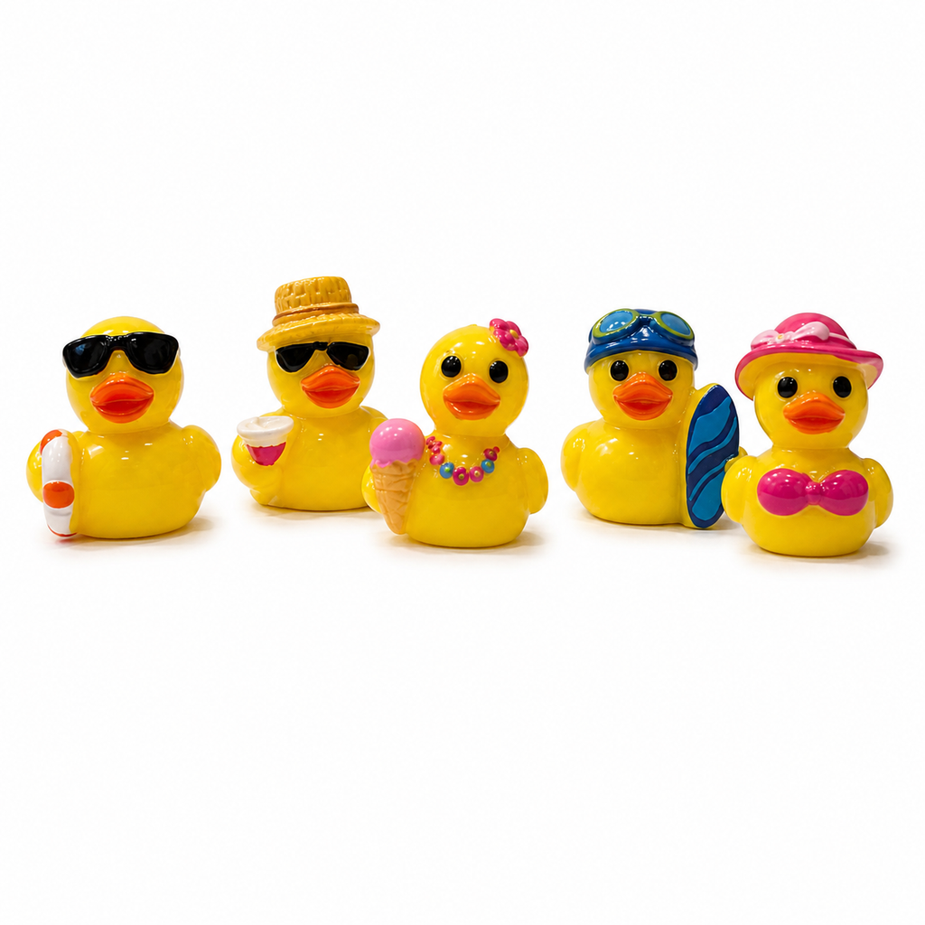 Set of 5, Summer Beach Themed Mini Resin Ducks, Magnetic or Non-Magnetic, Optional Personalized Duck Hiding Tags