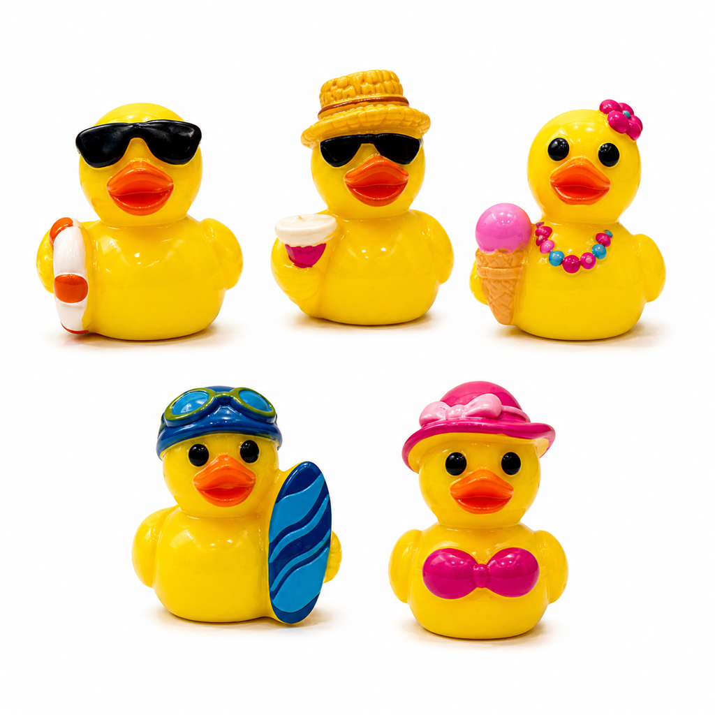 Set of 5, Summer Beach Themed Mini Resin Ducks, Magnetic or Non-Magnetic, Optional Personalized Duck Hiding Tags