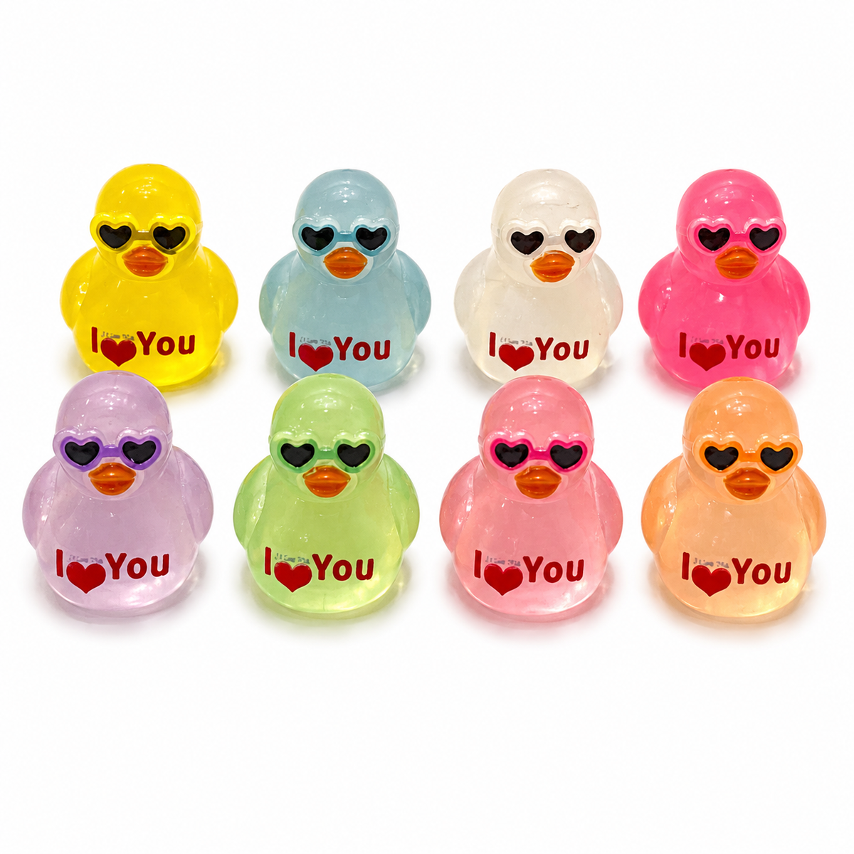 Set of 8, Glow-in-the-Dark “I Love You” Sunglasses Themed Mini Resin Ducks, Magnetic or Non-Magnetic, Optional Personalized Duck Hiding Tags