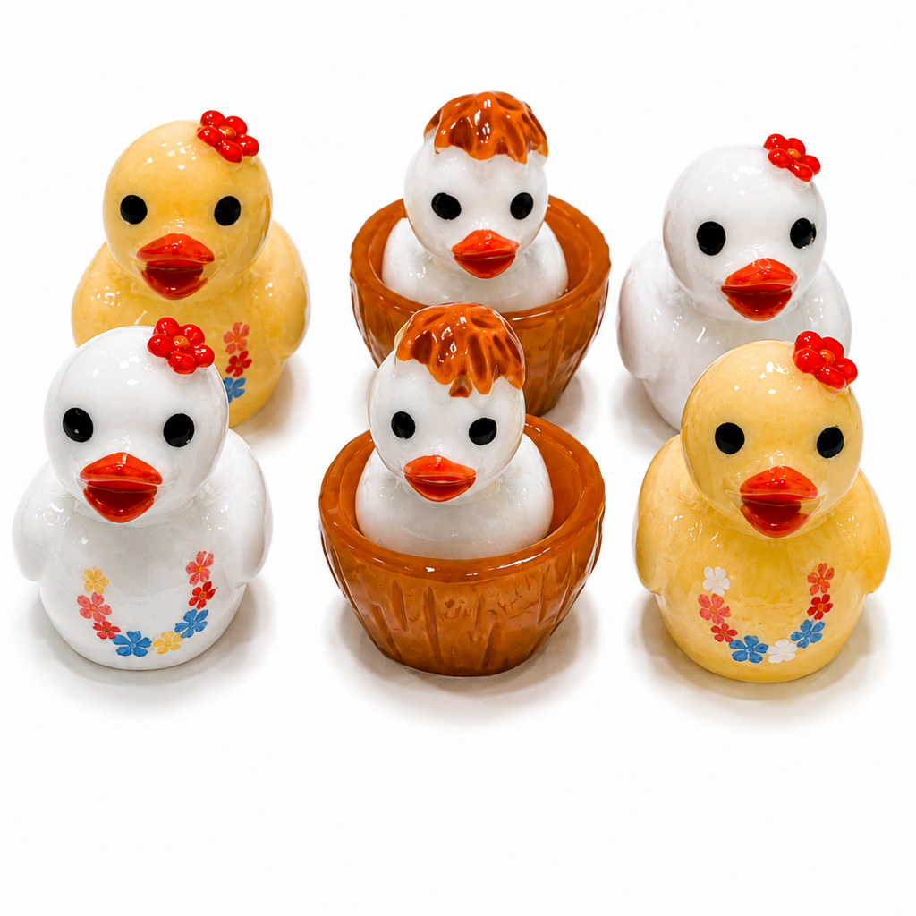 Set of 6, Hawaiian Leis and Coconuts Themed Mini Resin Ducks, Magnetic or Non-Magnetic, Optional Personalized Duck Hiding Tags