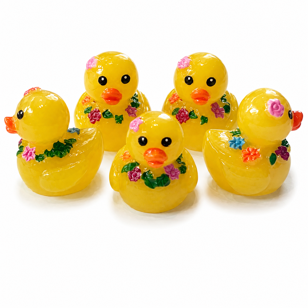 Set of 5, Hawaiian Lei Themed Mini Resin Ducks, Magnetic or Non-Magnetic, Optional Personalized Duck Hiding Tags