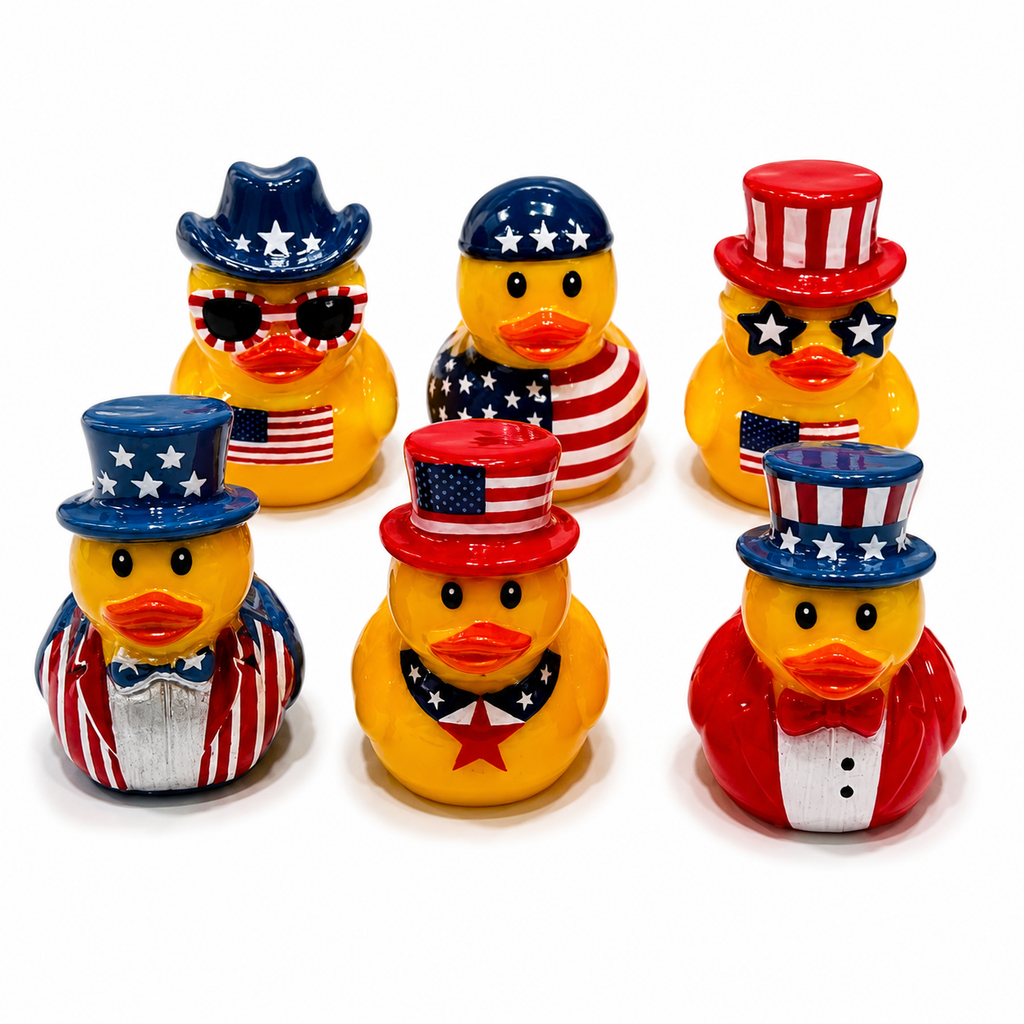 Set of 6, Patriotic Top Hat Themed Mini Resin Ducks, Magnetic or Non-Magnetic, Optional Personalized Duck Hiding Tags