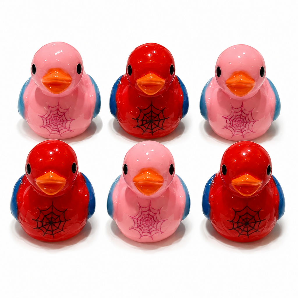 Set of 6, Spider Man and Woman Themed Mini Resin Ducks, Magnetic or Non-Magnetic, Optional Personalized Duck Hiding Tags