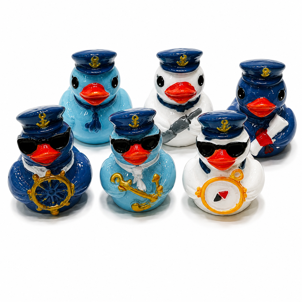 Set of 6, Blue Nautical Sailor Themed Mini Resin Ducks, Magnetic or Non-Magnetic, Optional Personalized Duck Hiding Tags