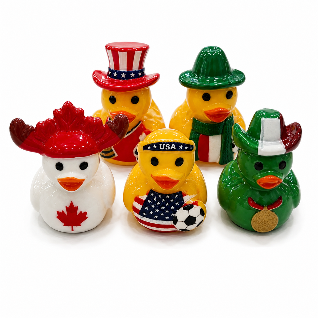 Set of 5, Soccer Teams World Cup (Set 1) Themed Mini Resin Ducks, Magnetic or Non-Magnetic, Optional Personalized Duck Hiding Tags