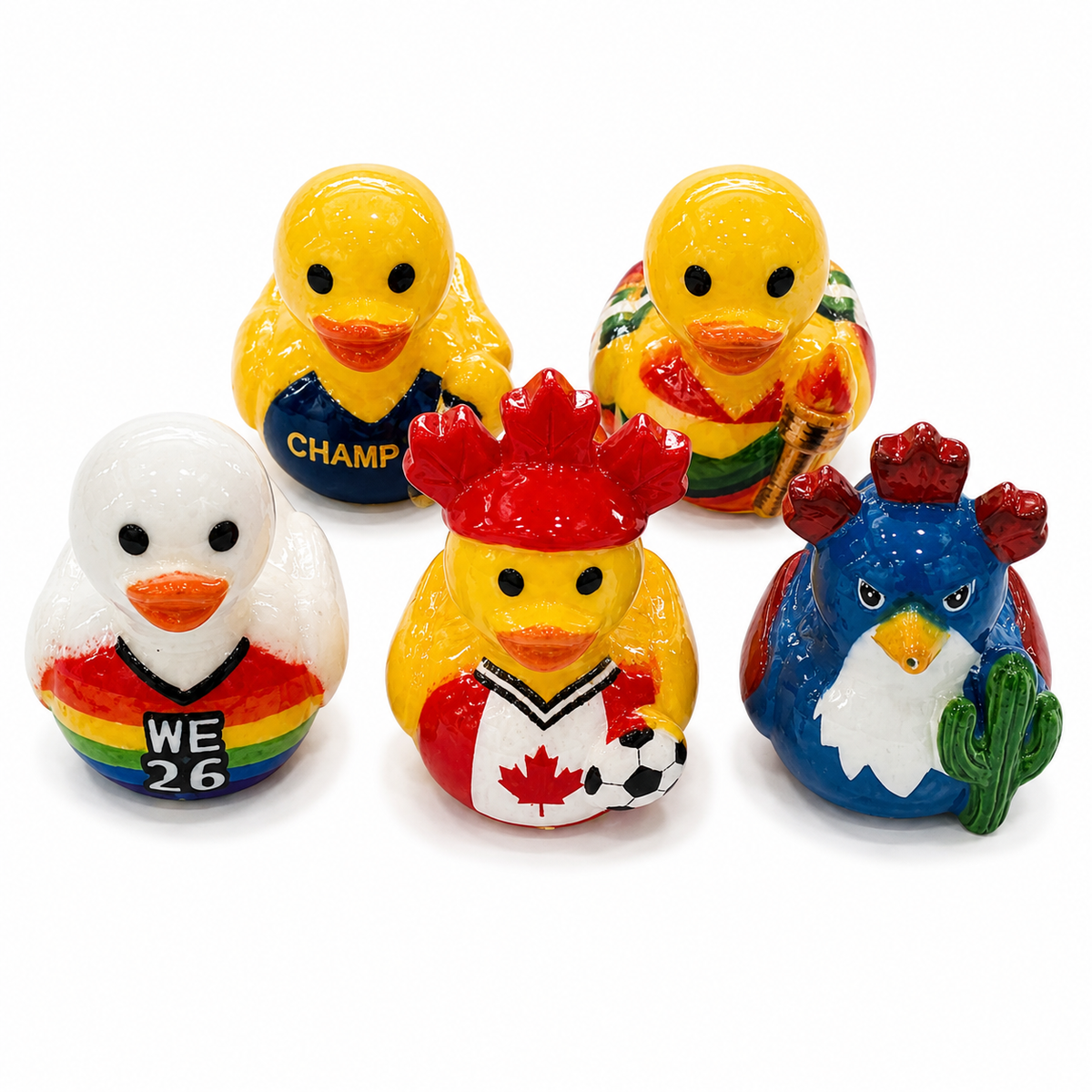 Set of 5, Soccer Teams World Cup (Set 2) Themed Mini Resin Ducks, Magnetic or Non-Magnetic, Optional Personalized Duck Hiding Tags