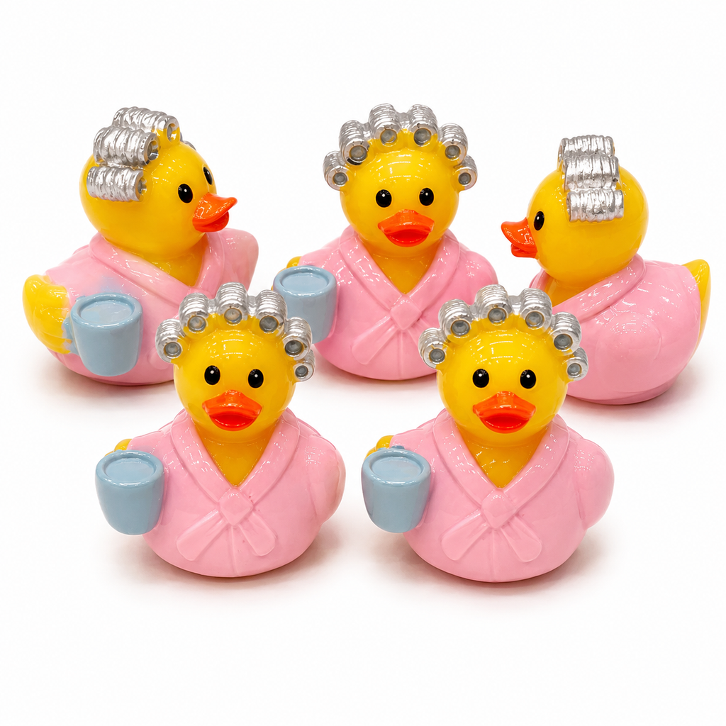 Set of 5, Robe Curlers and Coffee Themed Mini Resin Ducks, Magnetic or Non-Magnetic, Optional Personalized Duck Hiding Tags