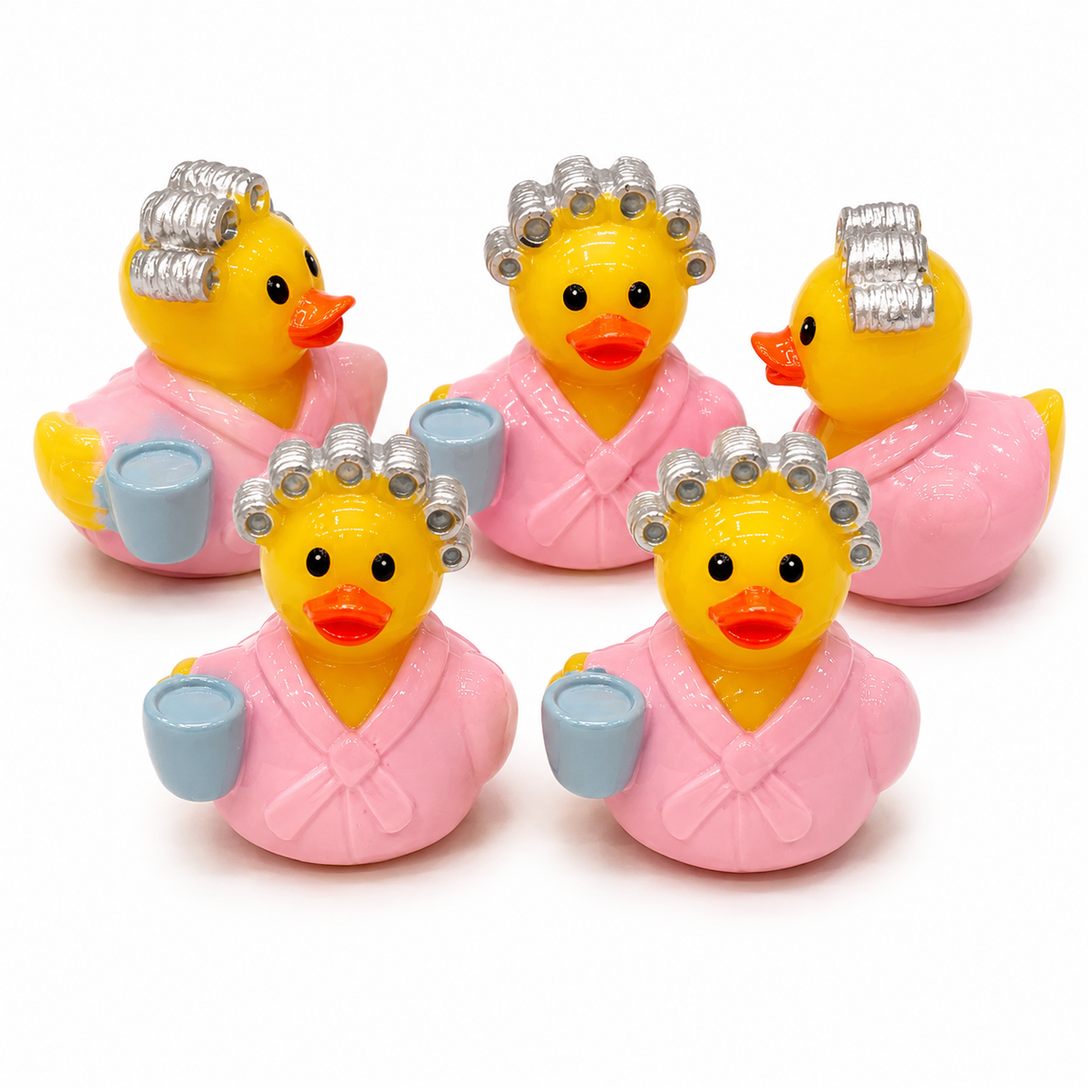 Set of 5, Robe Curlers and Coffee Themed Mini Resin Ducks, Magnetic or Non-Magnetic, Optional Personalized Duck Hiding Tags