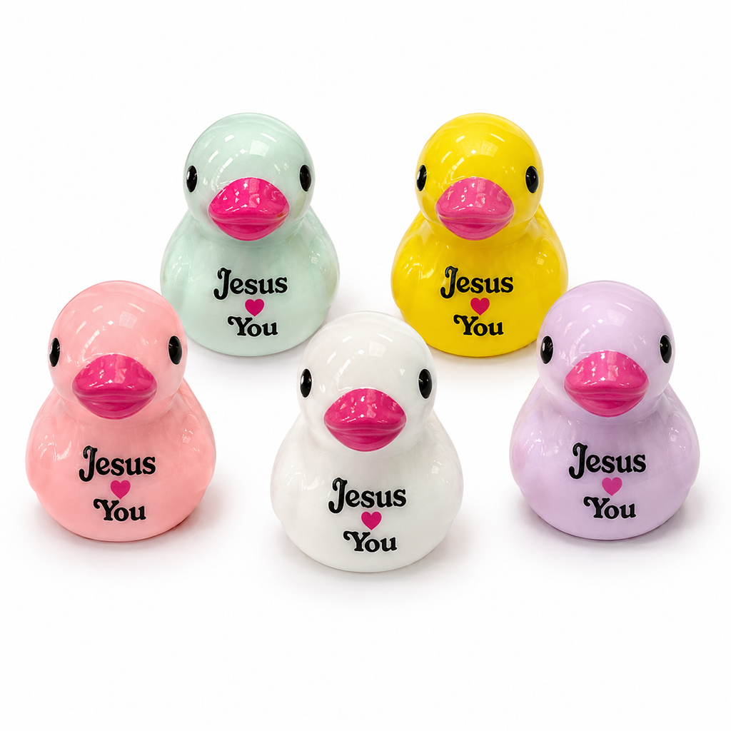 Set of 5, Religious “Jesus Loves You” Themed Mini Resin Ducks, Magnetic or Non-Magnetic, Optional Personalized Duck Hiding Tags