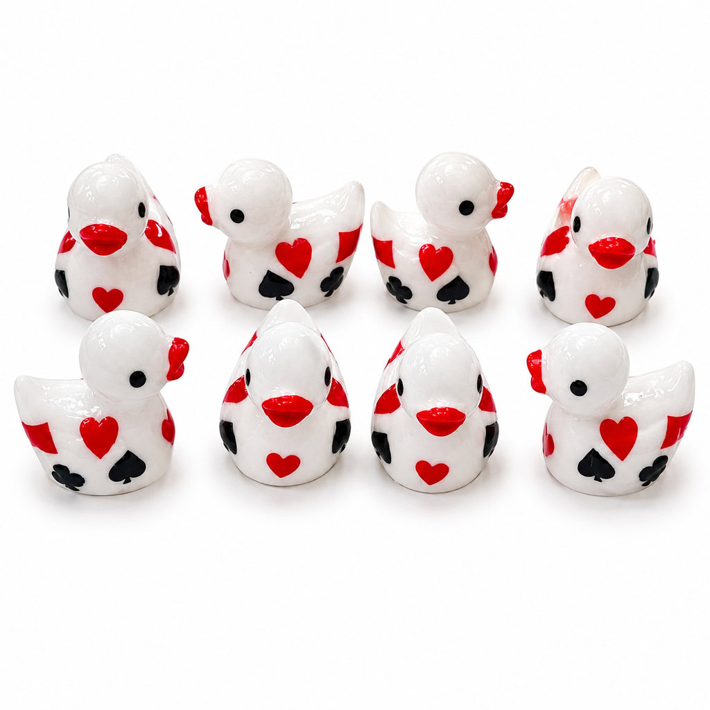 Set of 8, White Casino Poker Card Themed Mini Resin Ducks, Magnetic or Non-Magnetic, Optional Personalized Duck Hiding Tags