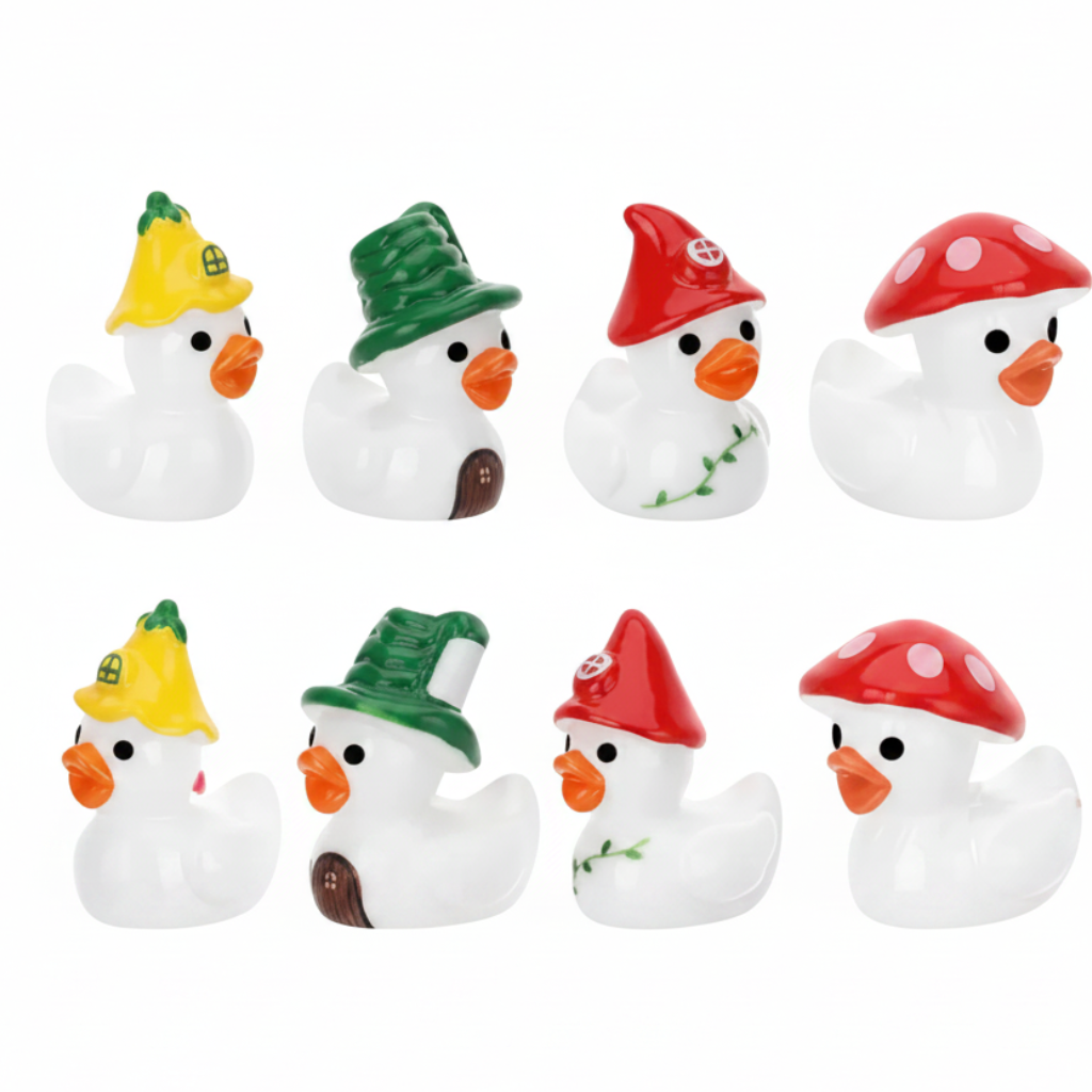 Set of 8, Forest Mushroom Themed Mini Resin Ducks, Magnetic or Non-Magnetic, Optional Personalized Duck Hiding Tags
