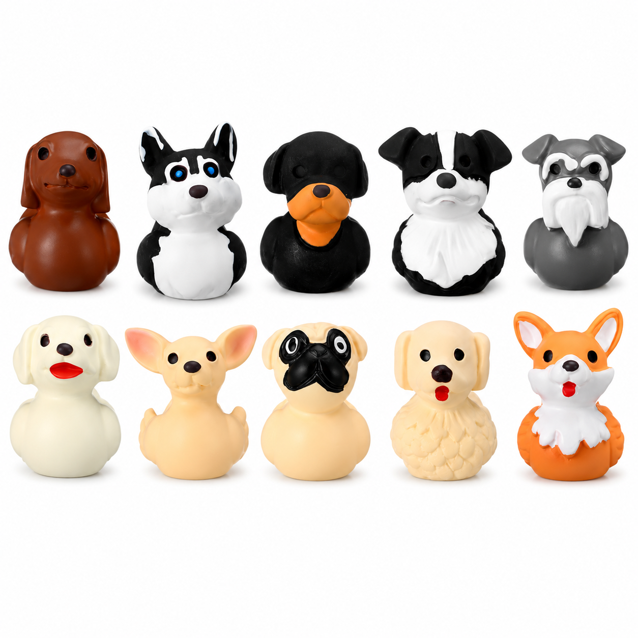 Set of 10, Dog Breed Themed Mini Resin Ducks, Magnetic or Non-Magnetic, Optional Personalized Duck Hiding Tags