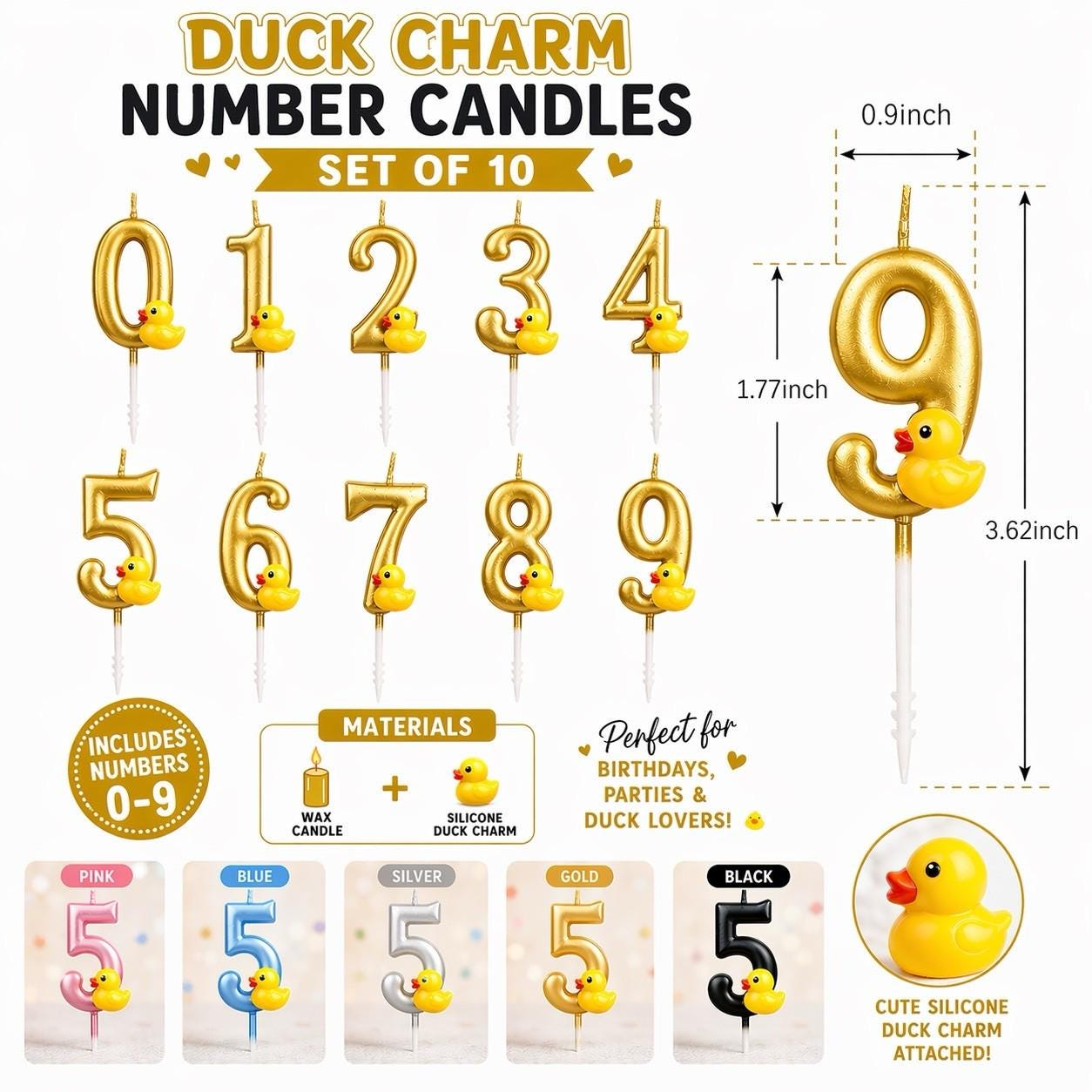Gold rubber duck charm number candles set 0–9 birthday candles