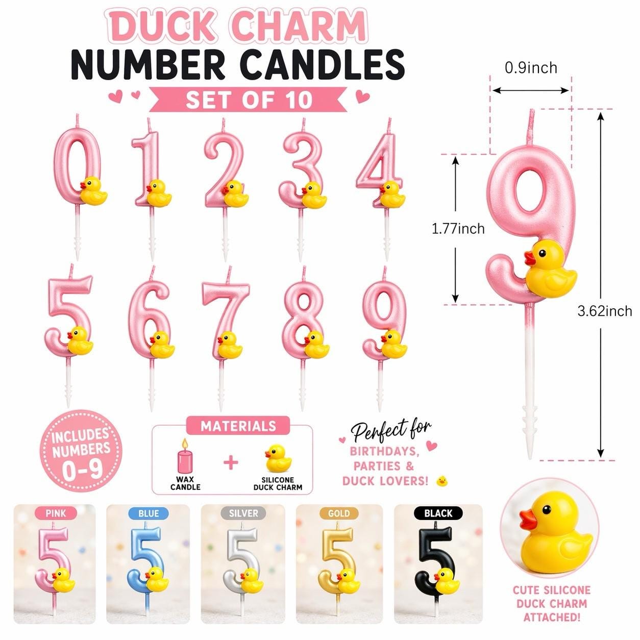 Pink rubber duck charm number candles set 0–9 birthday candles