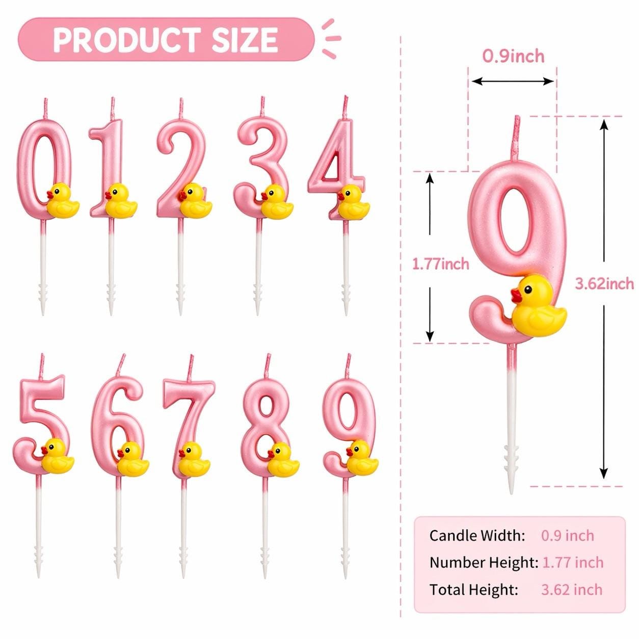 Pink rubber duck charm number candles set 0–9 birthday candles