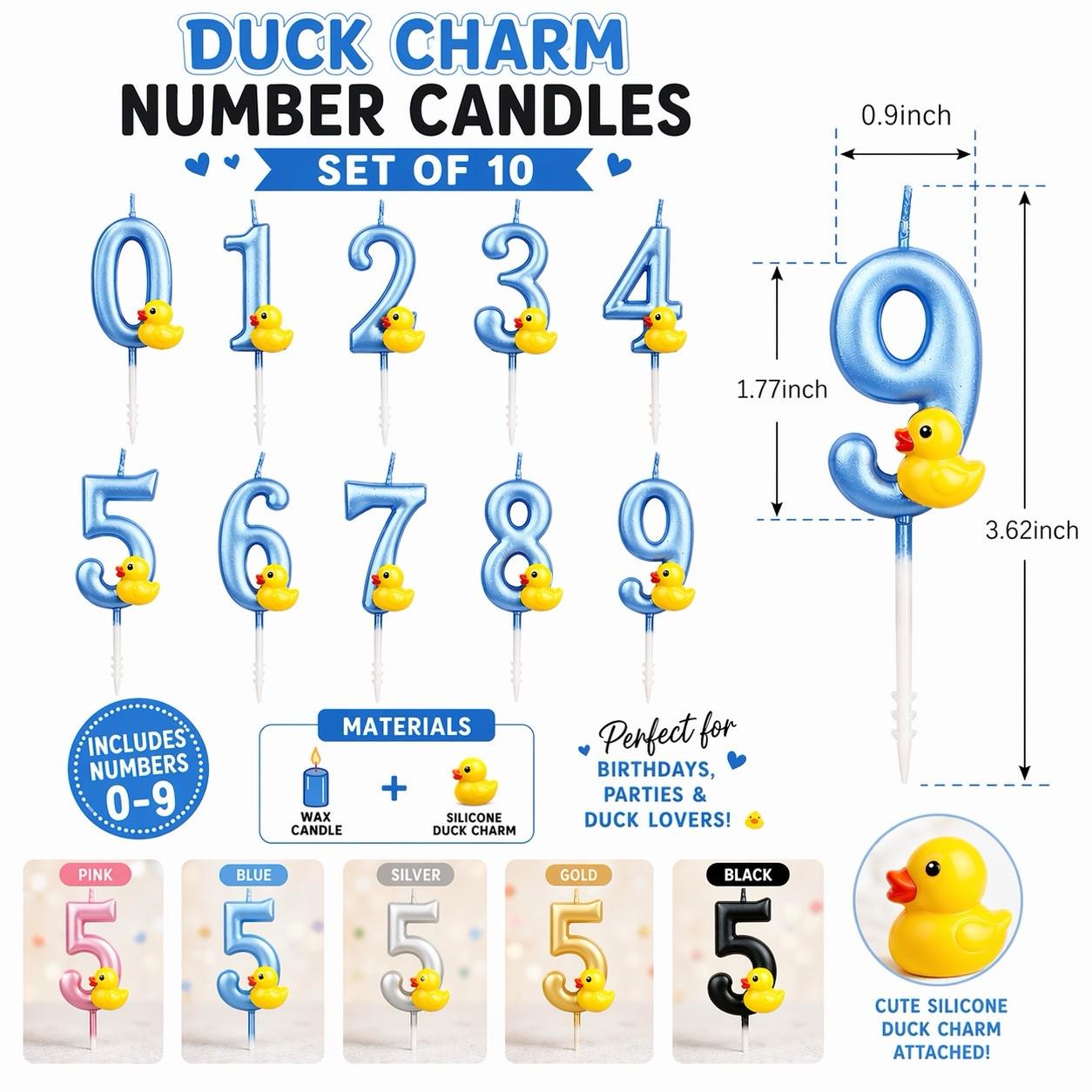 Blue rubber duck charm number candles set 0–9 birthday candles