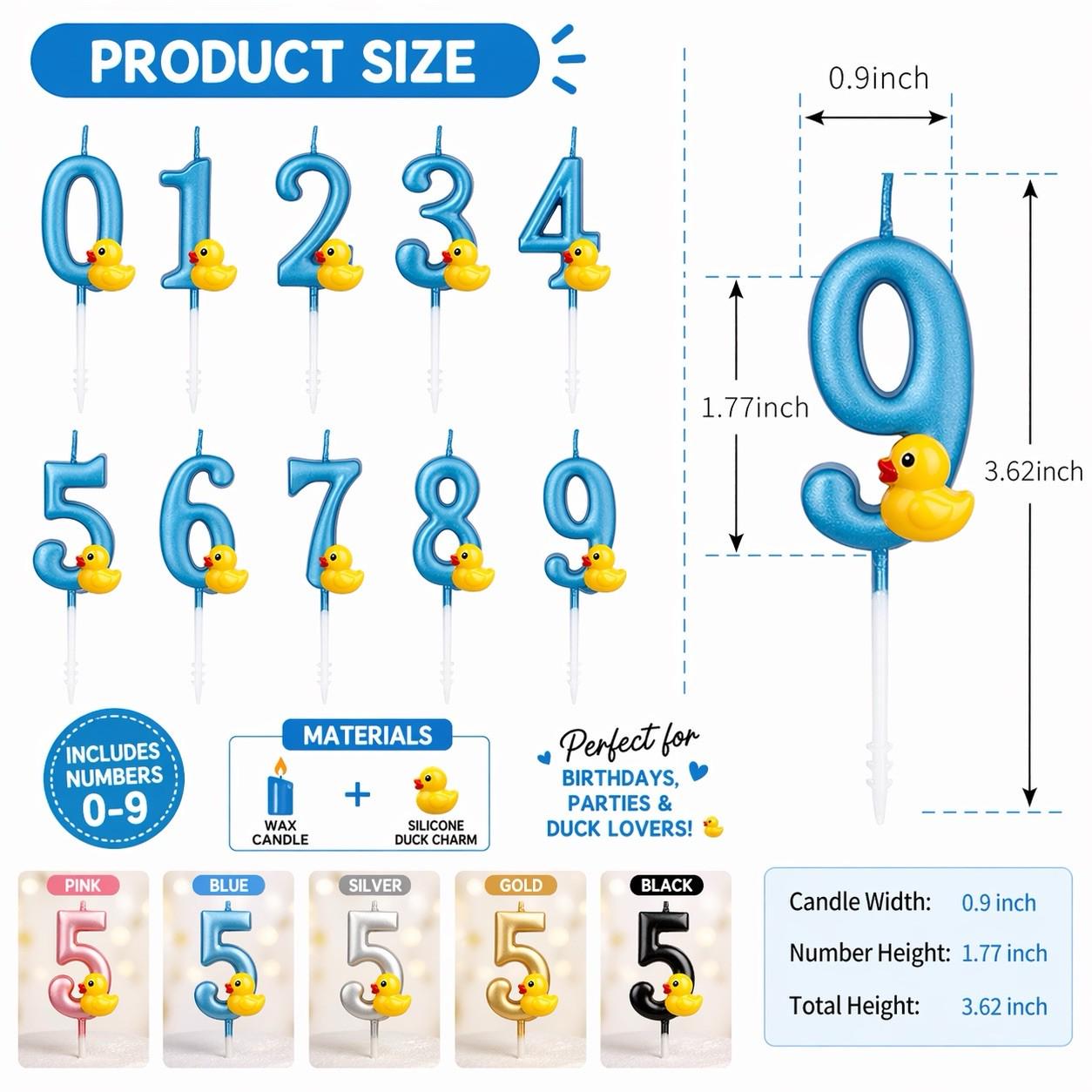 Blue rubber duck charm number candles set 0–9 birthday candles