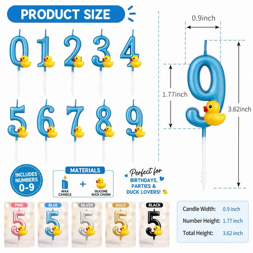 Blue rubber duck charm number candles set 0–9 birthday candles