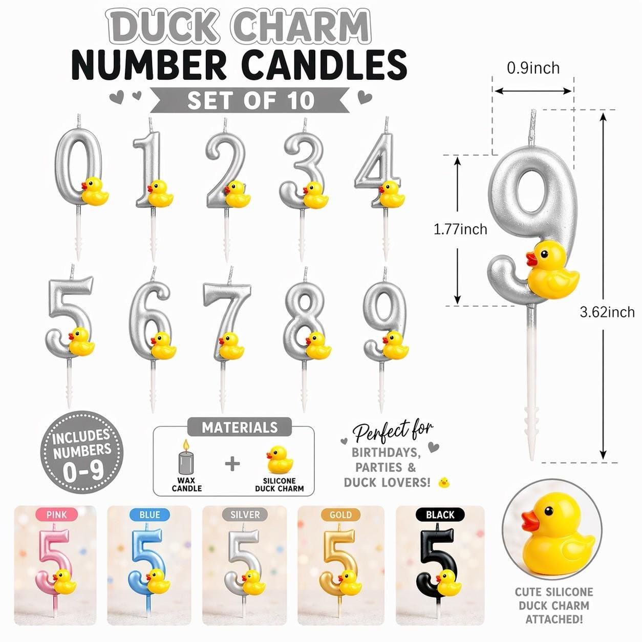Silver rubber duck charm number candles set 0–9 birthday candles