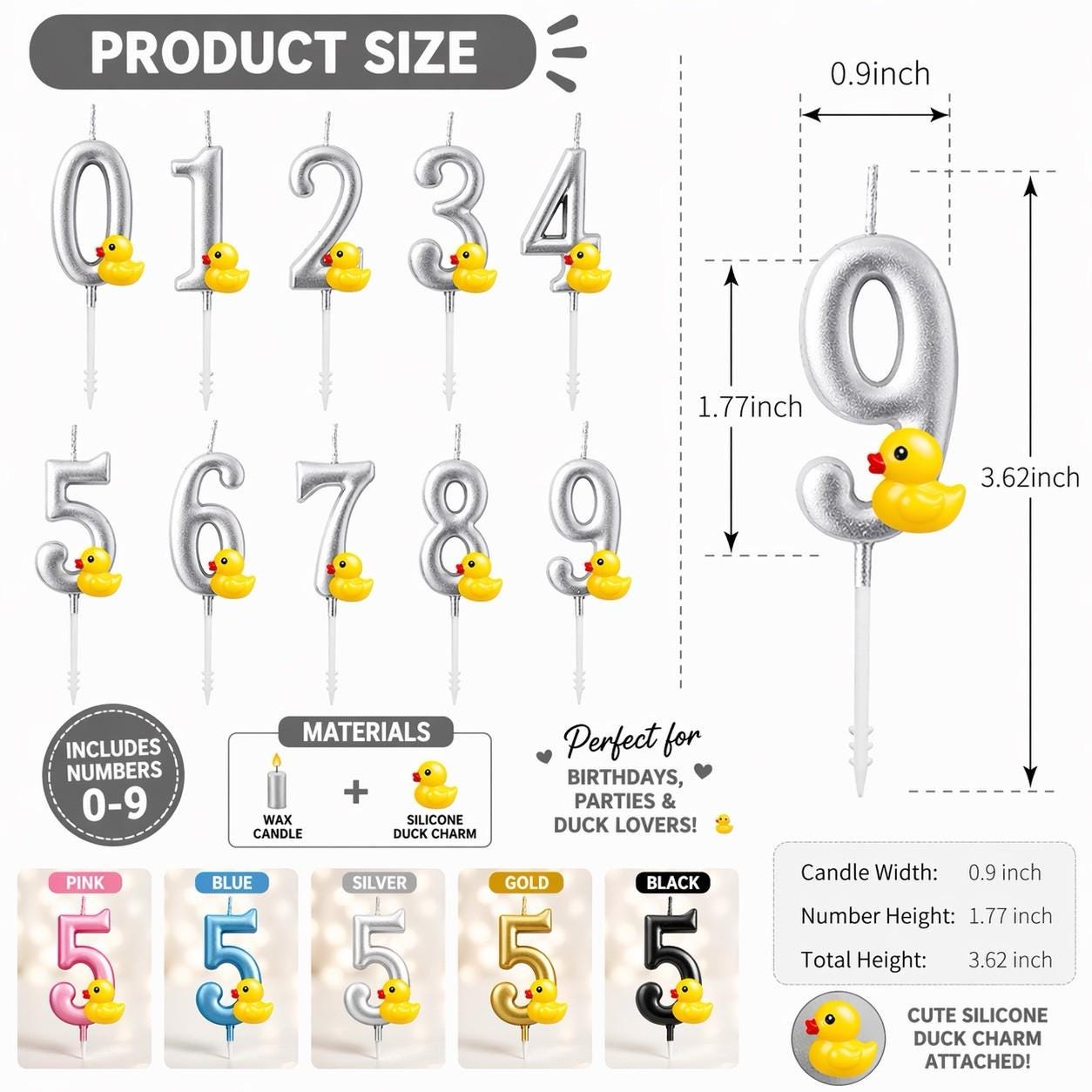 Silver rubber duck charm number candles set 0–9 birthday candles