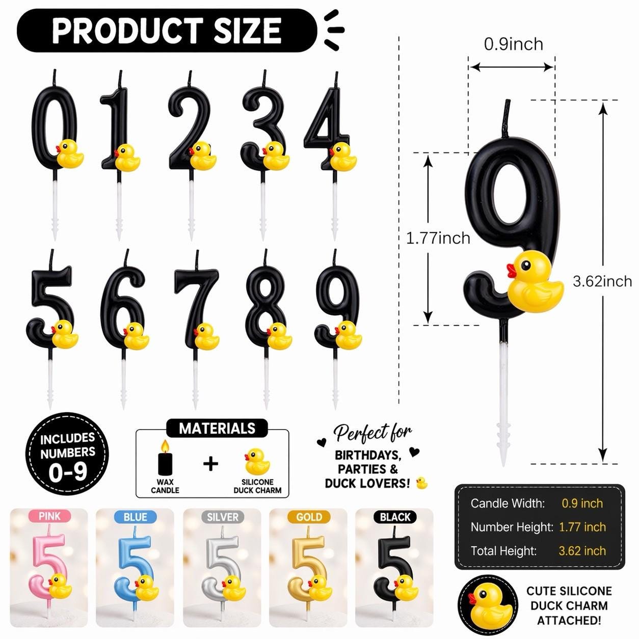 Black rubber duck charm number candles set 0–9 birthday candles