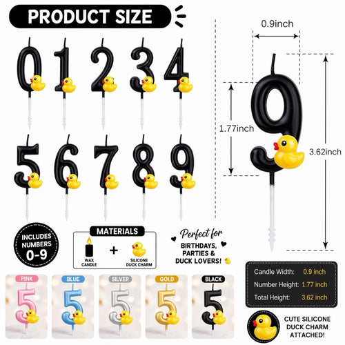 Black rubber duck charm number candles set 0–9 birthday candles