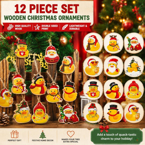 12-Piece Wooden Duck Christmas Ornaments – Festive Holiday Decorations, Rustic Tree Hanging Set