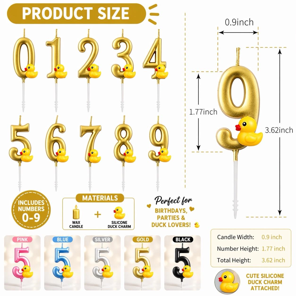 Gold rubber duck charm number candles set 0–9 birthday candles