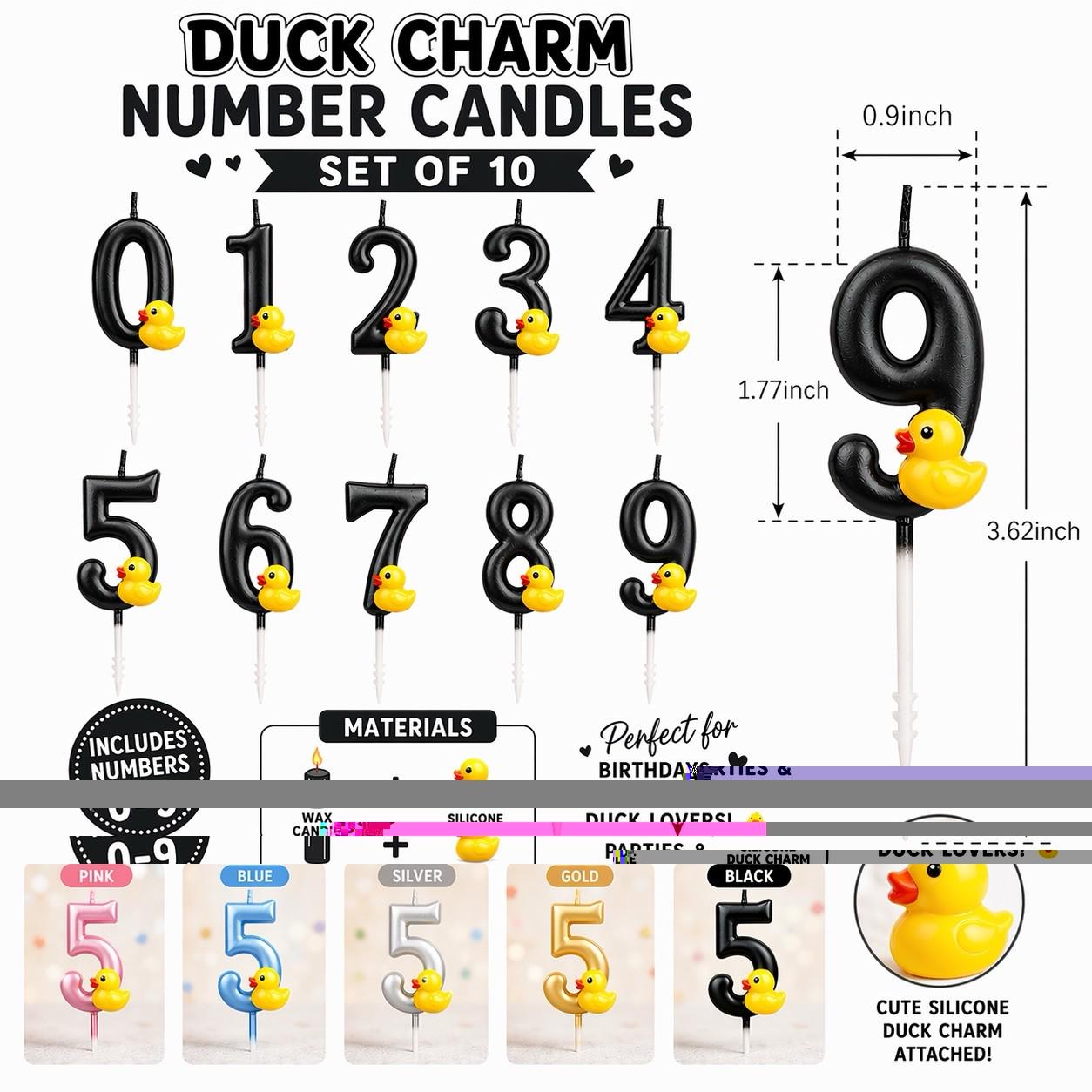 Black rubber duck charm number candles set 0–9 birthday candles