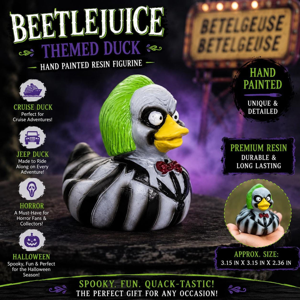 Large resin -beetlejuice themed duck, hand painted resin figurine, horror halloween collectible