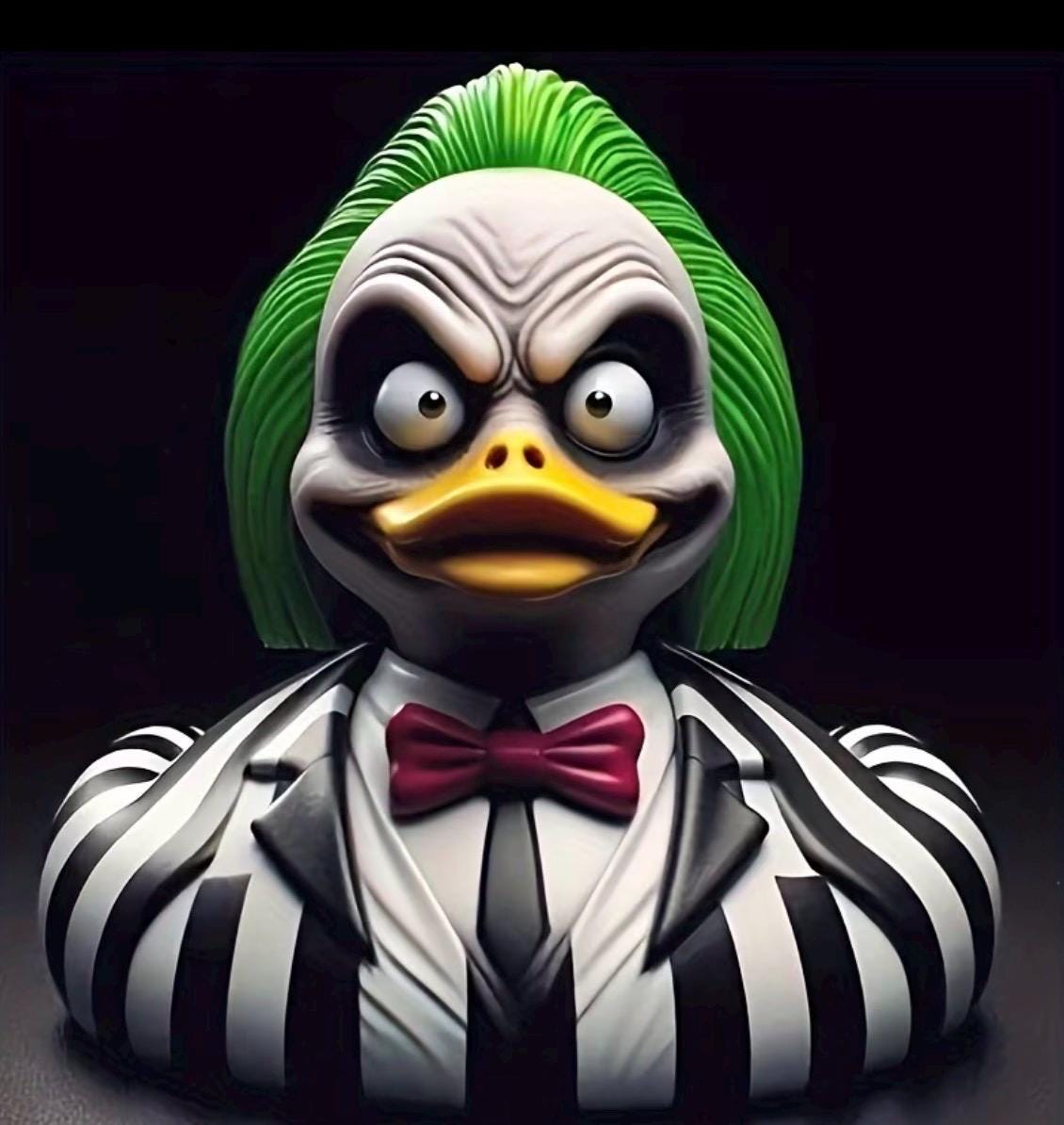 Large resin -beetlejuice themed duck, hand painted resin figurine, horror halloween collectible