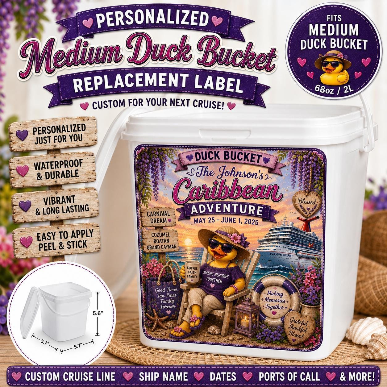 Personalized cruise duck bucket label – custom vinyl sticker (fits medium bucket)