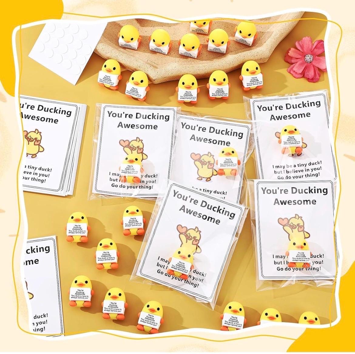 5 Piece Mini Positive Duck Figurines with Inspirational Cards – Emotional Support Duck Gifts –Party Favors for Coworkers (Magnetic Options)