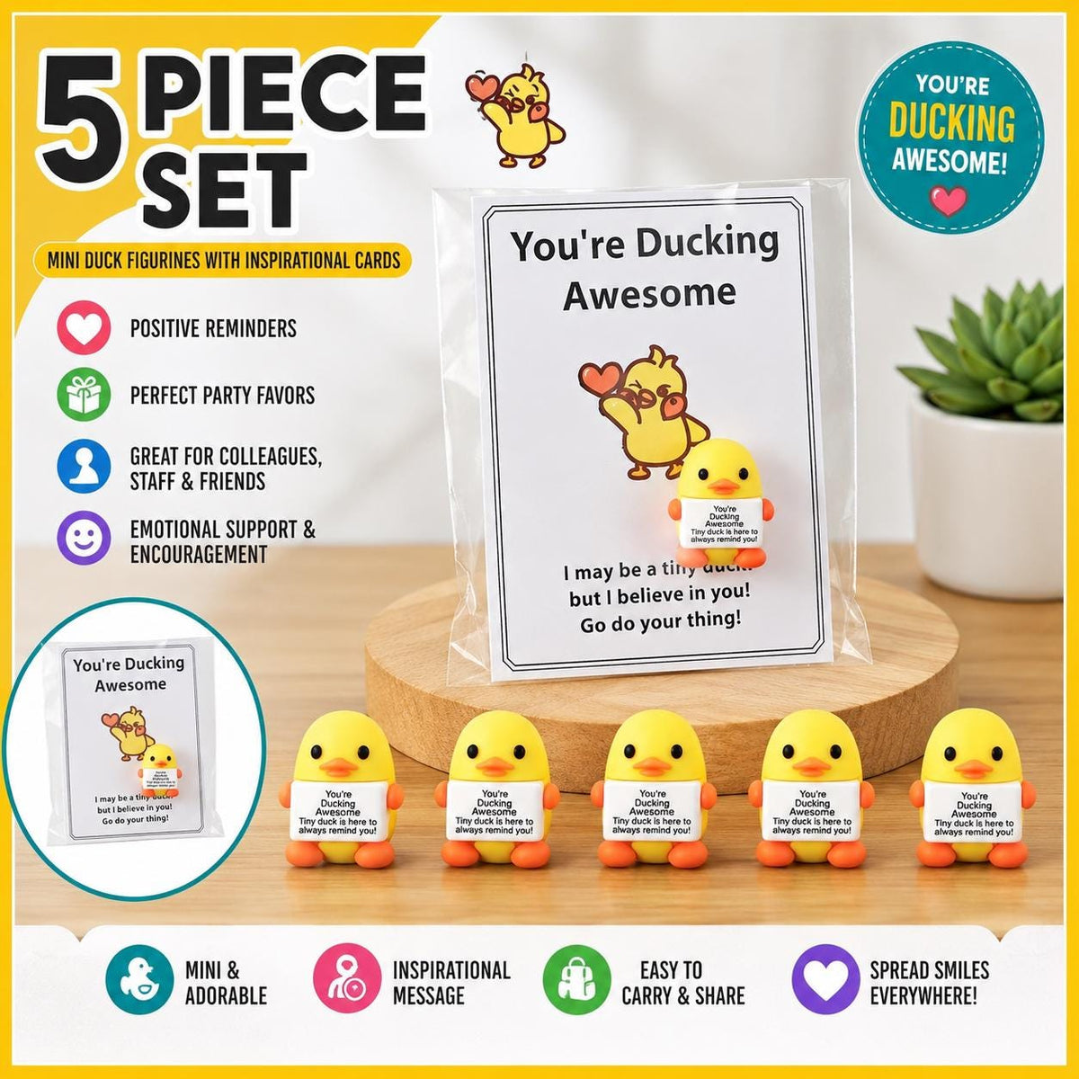 5 Piece Mini Positive Duck Figurines with Inspirational Cards – Emotional Support Duck Gifts –Party Favors for Coworkers (Magnetic Options)