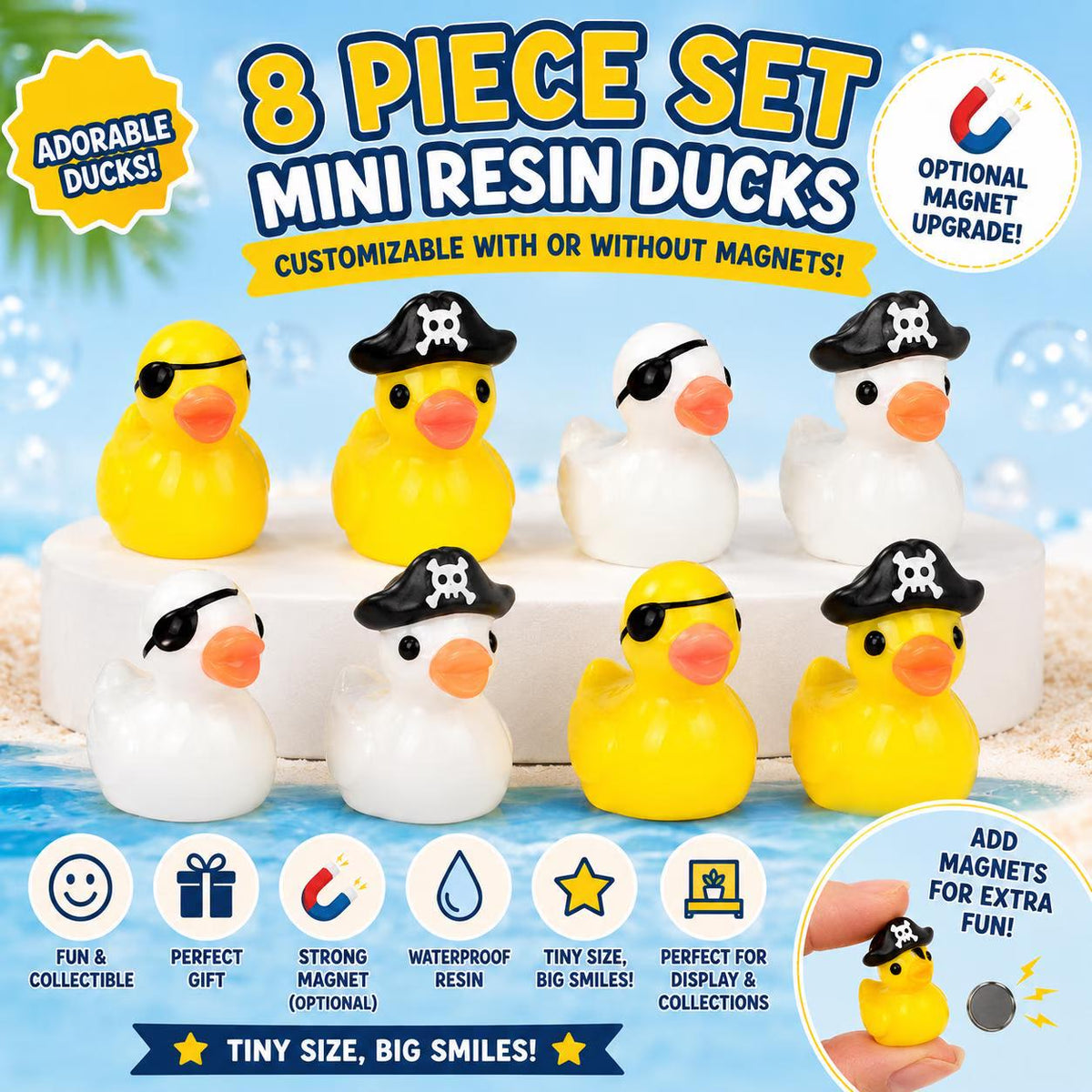 Set of 8, Pirate Themed Mini Resin Ducks, Magnetic or Non-Magnetic, Optional Personalized Duck Hiding Tags