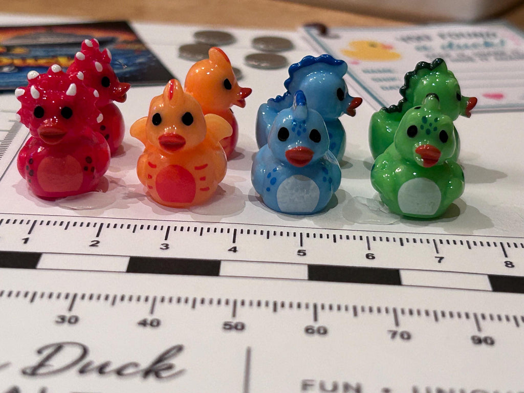 Set of 8, Dinosaur Themed Mini Resin Ducks, Magnetic or Non-Magnetic, Optional Personalized Duck Hiding Tags