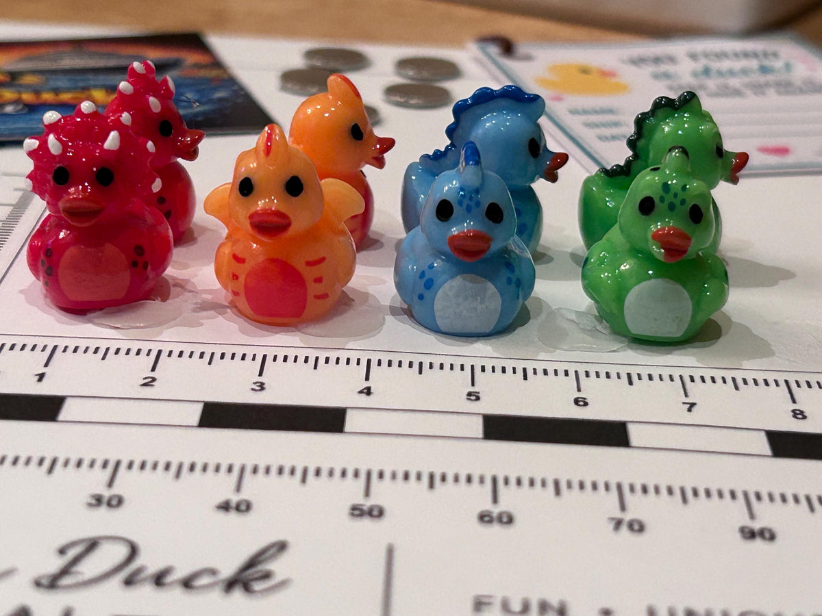 Set of 8, Dinosaur Themed Mini Resin Ducks, Magnetic or Non-Magnetic, Optional Personalized Duck Hiding Tags