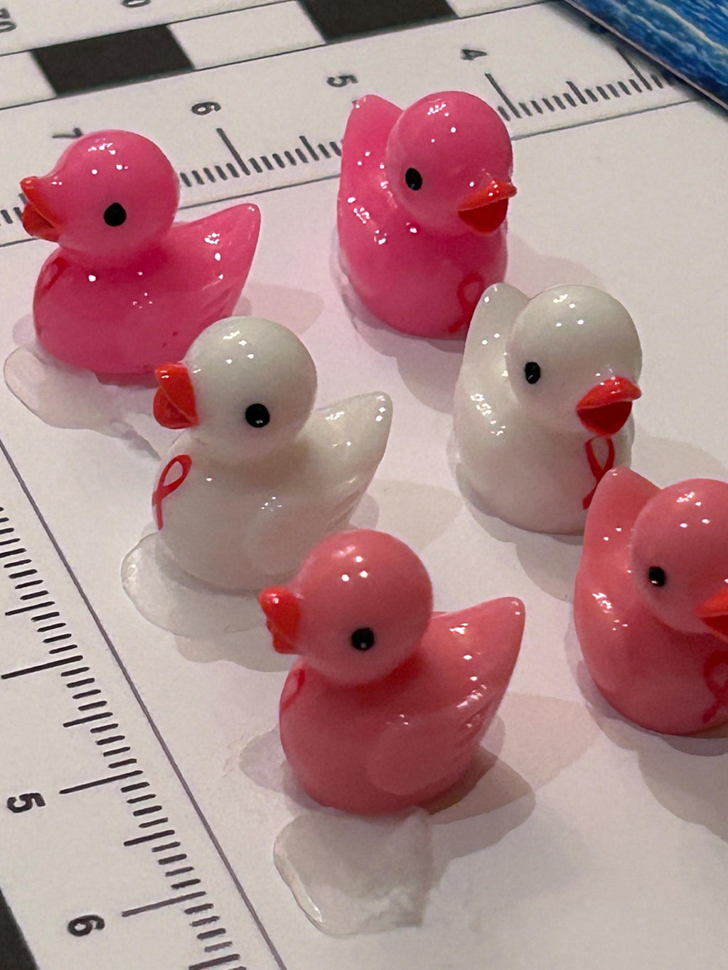 Set of 6, Pink Ribbon Cancer Awareness Themed Mini Resin Ducks, Magnetic or Non-Magnetic, Optional Personalized Duck Hiding Tags