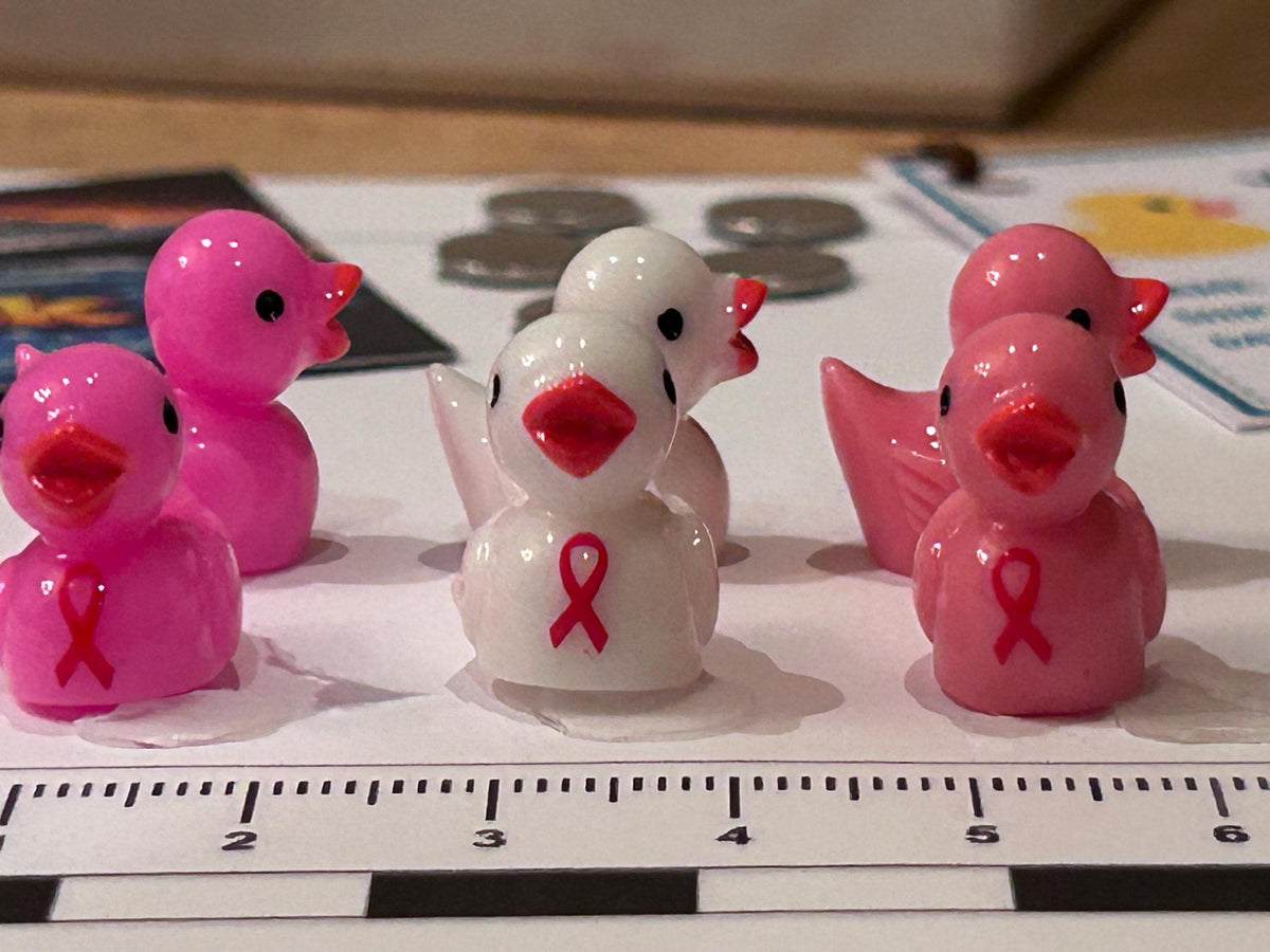 Set of 6, Pink Ribbon Cancer Awareness Themed Mini Resin Ducks, Magnetic or Non-Magnetic, Optional Personalized Duck Hiding Tags