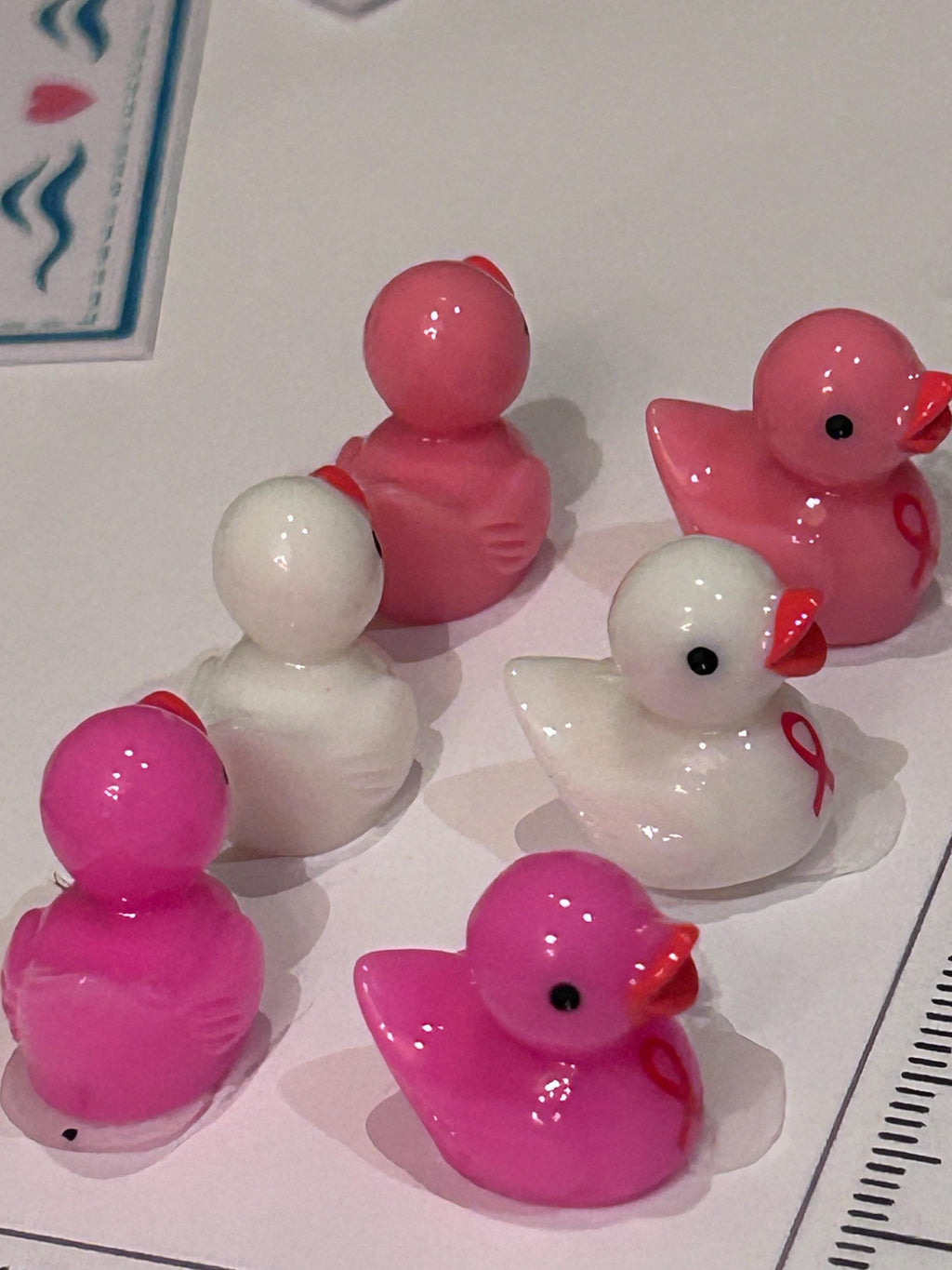 Set of 6, Pink Ribbon Cancer Awareness Themed Mini Resin Ducks, Magnetic or Non-Magnetic, Optional Personalized Duck Hiding Tags