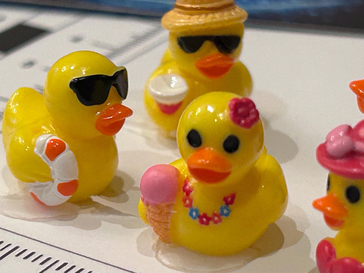 Set of 5, Summer Beach Themed Mini Resin Ducks, Magnetic or Non-Magnetic, Optional Personalized Duck Hiding Tags