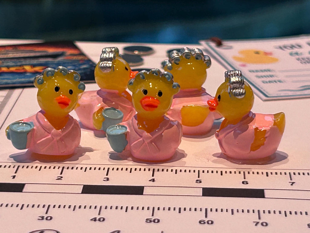 Set of 5, Robe Curlers and Coffee Themed Mini Resin Ducks, Magnetic or Non-Magnetic, Optional Personalized Duck Hiding Tags