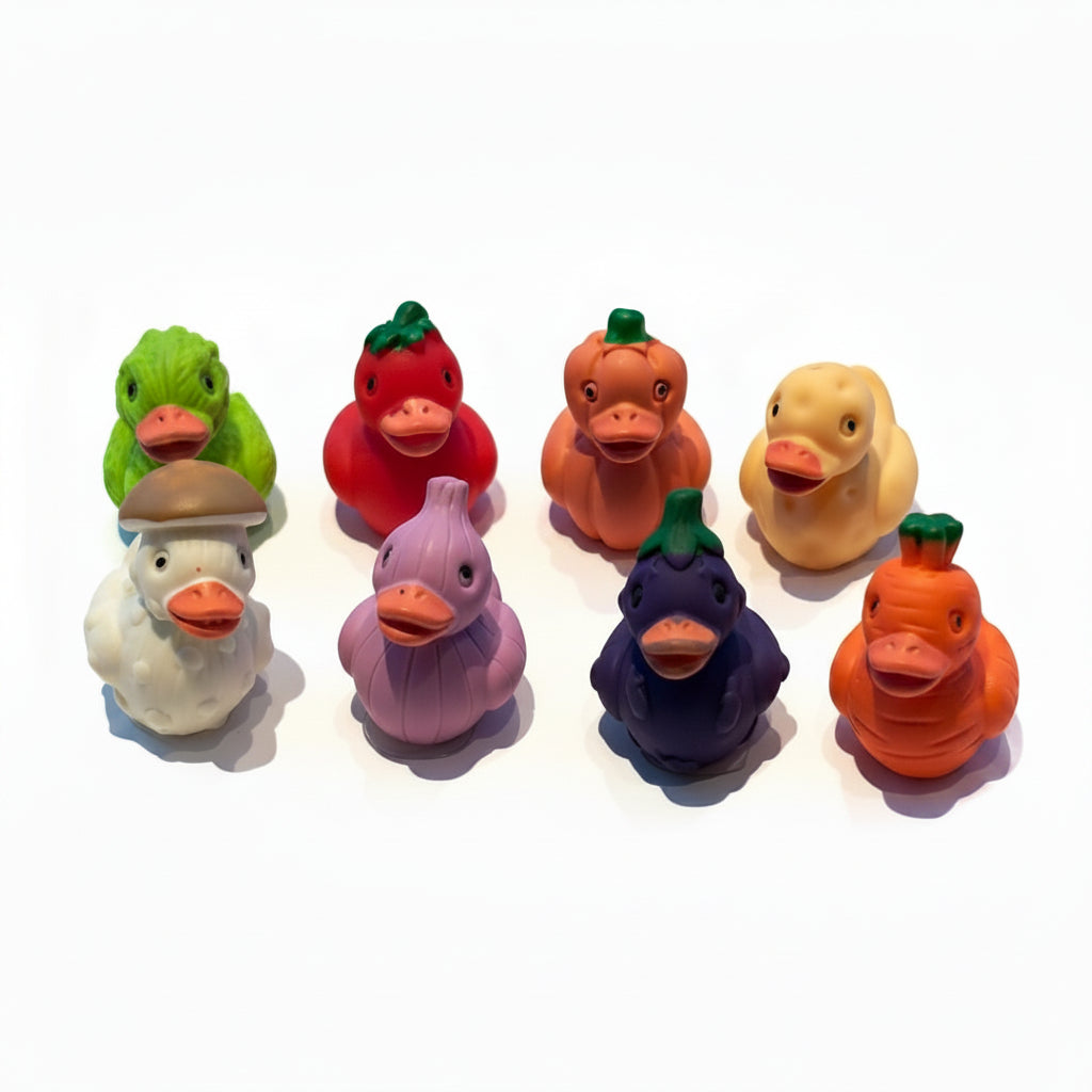Set of 8, Vegetable Themed Mini Resin Ducks, Magnetic or Non-Magnetic, Optional Personalized Duck Hiding Tags