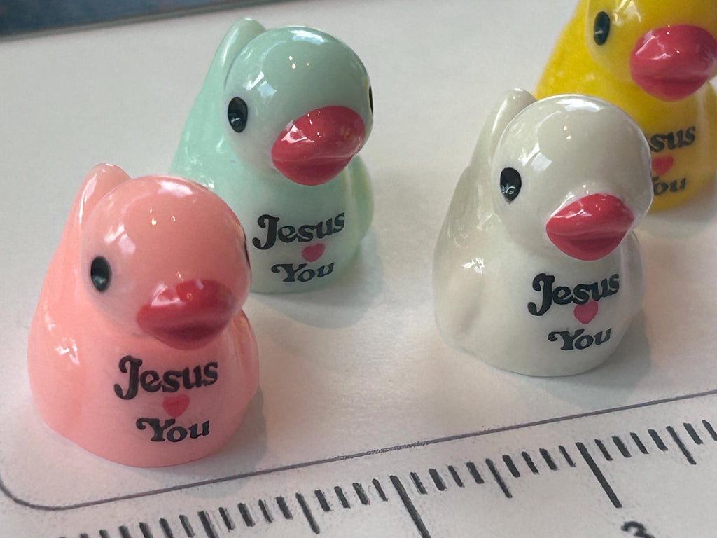 Set of 5, Religious “Jesus Loves You” Themed Mini Resin Ducks, Magnetic or Non-Magnetic, Optional Personalized Duck Hiding Tags