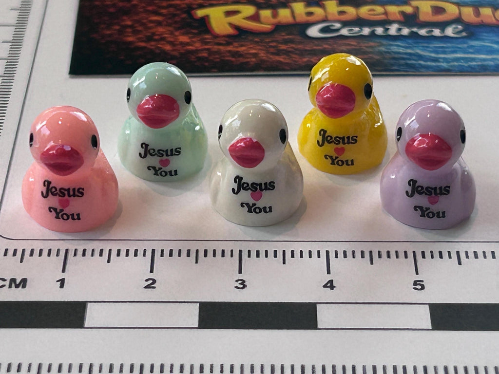 Set of 5, Religious “Jesus Loves You” Themed Mini Resin Ducks, Magnetic or Non-Magnetic, Optional Personalized Duck Hiding Tags