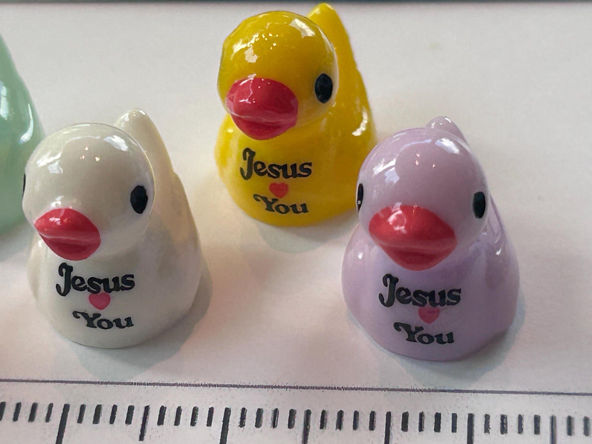 Set of 5, Religious “Jesus Loves You” Themed Mini Resin Ducks, Magnetic or Non-Magnetic, Optional Personalized Duck Hiding Tags