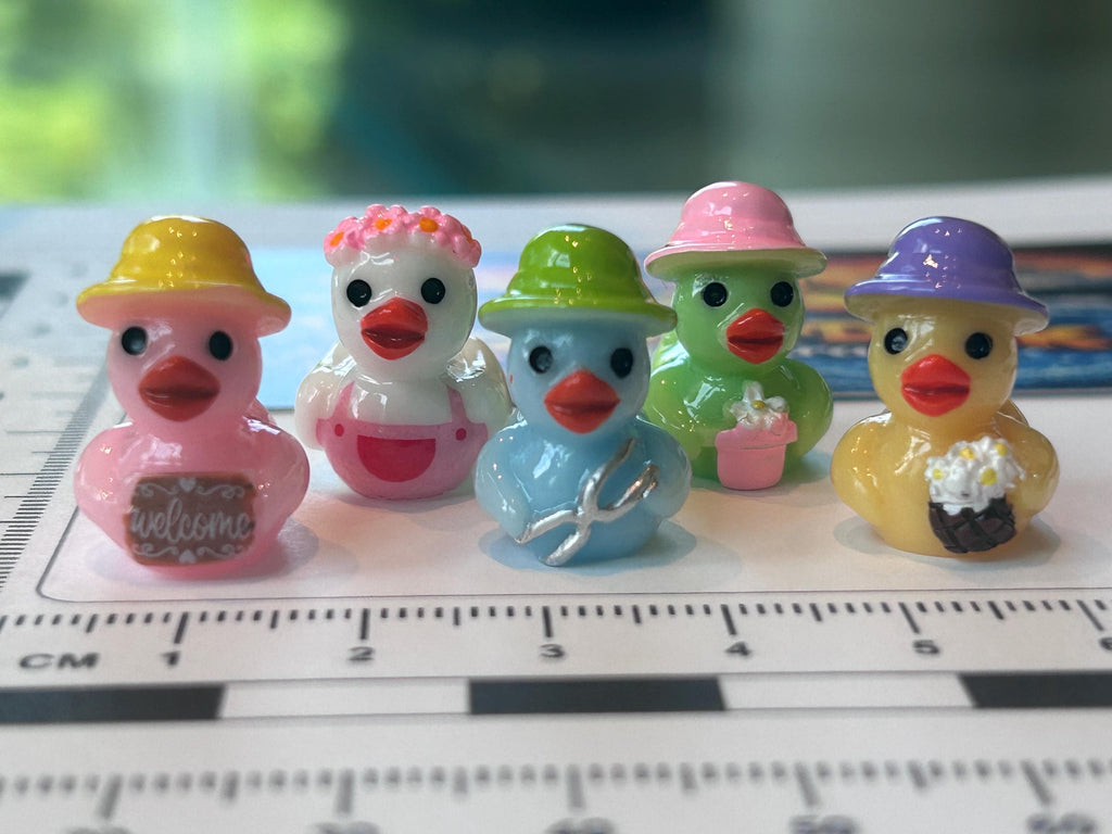 Set of 5, Spring Gardening Themed Mini Resin Ducks, Magnetic or Non-Magnetic, Optional Personalized Duck Hiding Tags