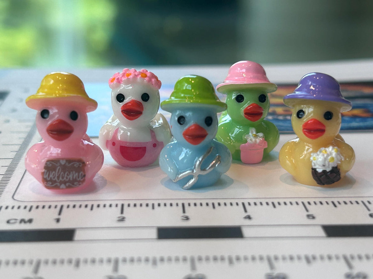 Set of 5, Spring Gardening Themed Mini Resin Ducks, Magnetic or Non-Magnetic, Optional Personalized Duck Hiding Tags